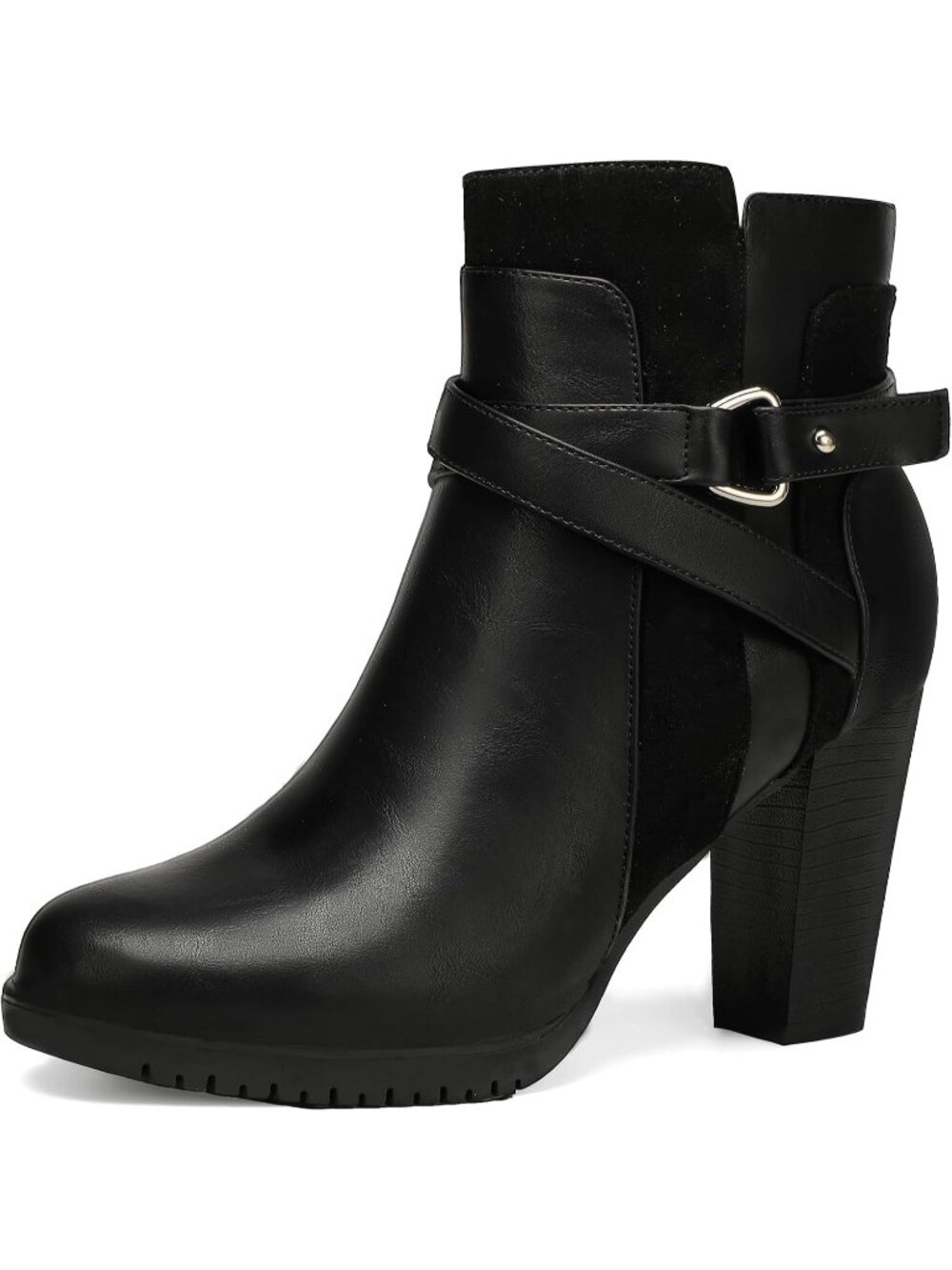 Women's Black Round Toe Side Zipper Buckle Strap Chunky Stacked Heel Ankle Boots